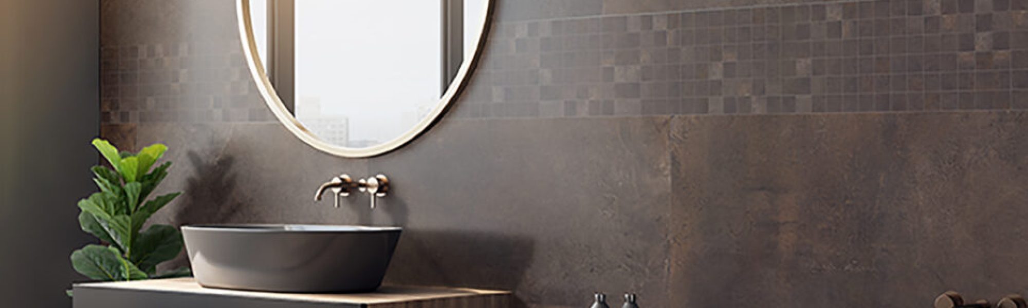 Side view of black orange bathroom interior with decorative tree, bath tub, sink, round mirror, sunlight and copy space. 3D Rendering