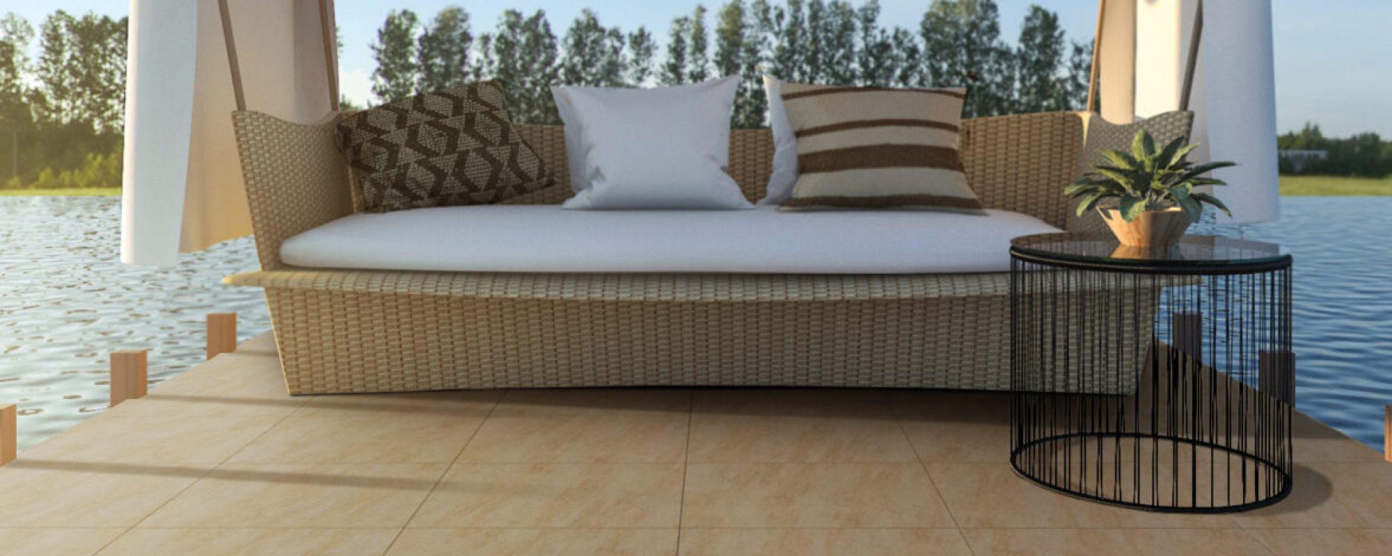 3d rendering beach sofa on wood terrace near sea